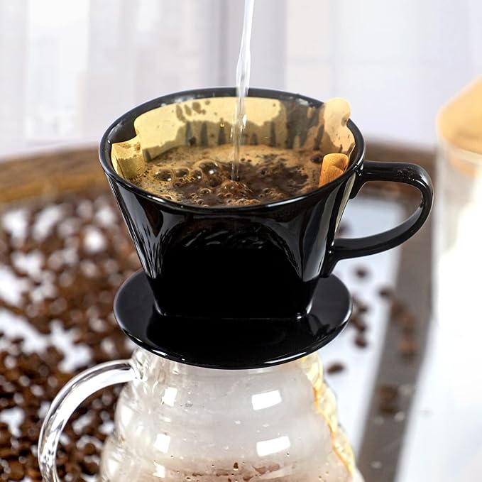 Pour Over Ceramic - Coffee Dripper Ceramic Coffee Maker with 3 Holes Flat Bottom, Porcelain Slow Filter Cone for Travel, Camping, Office, Home, Coffee Maker Brew, Black