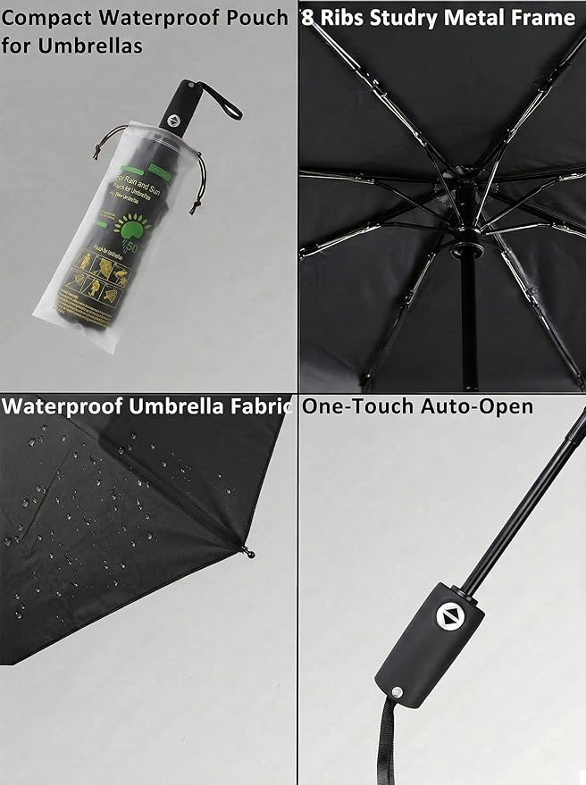 BAODINI Compact Travel Umbrella Small Windproof Auto Open Close for UV Sun Protection UPF 50+ and Rain Fits Backpack Purse & Suitcase