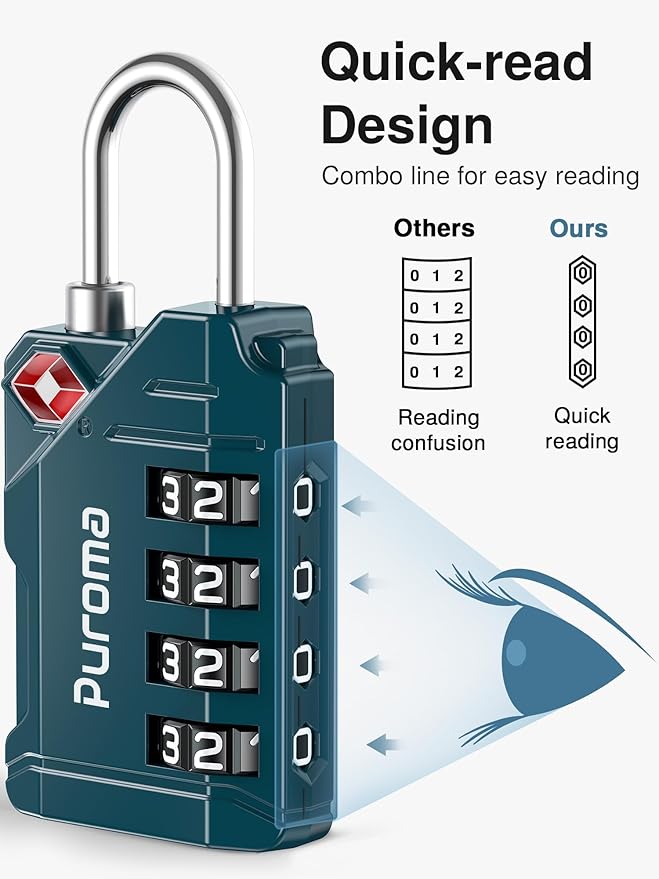 Puroma TSA Approved Luggage Locks, 2 Pack 4 Digit Resettable Travel Combination Code Lock with Zinc Alloy Body for Suitcase, Backpack, Laptop Bag, Gym Locker, Toolbox (Peacock Blue)