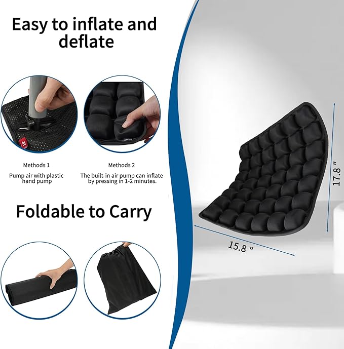 Sodurue Inflatable Travel Seat Cushion for Airplane: Pressure Relief Seat Cushion with 42 Adjustable Air Cells - Ergonomic Comfort Buttock Support Portable for Wheel Chair/Car/Office/Stadium