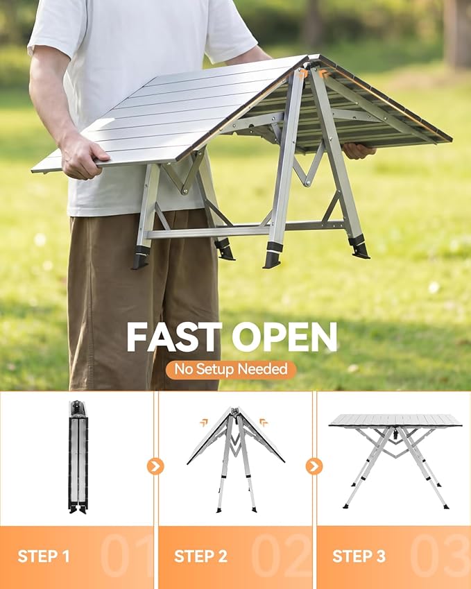 Sportneer Camping Table Folding Table, Bi-Fold Portable with Fast Open Design, Adjustable Height 16.5-27.6", 35.4"x23.6" Lightweight Aluminum Tabletop, Handle & Shoulder Strap for Outdoor Picnic
