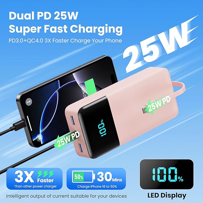 Portable Charger 50800mAh Power Bank with 3 Built in Cables,25W PD QC4.0 Fast Charging USB C Battery Pack,6 Outputs 2 Inputs Travel Essentials Phone Charger for iPhone 17/16/15,Google,Android,Pink