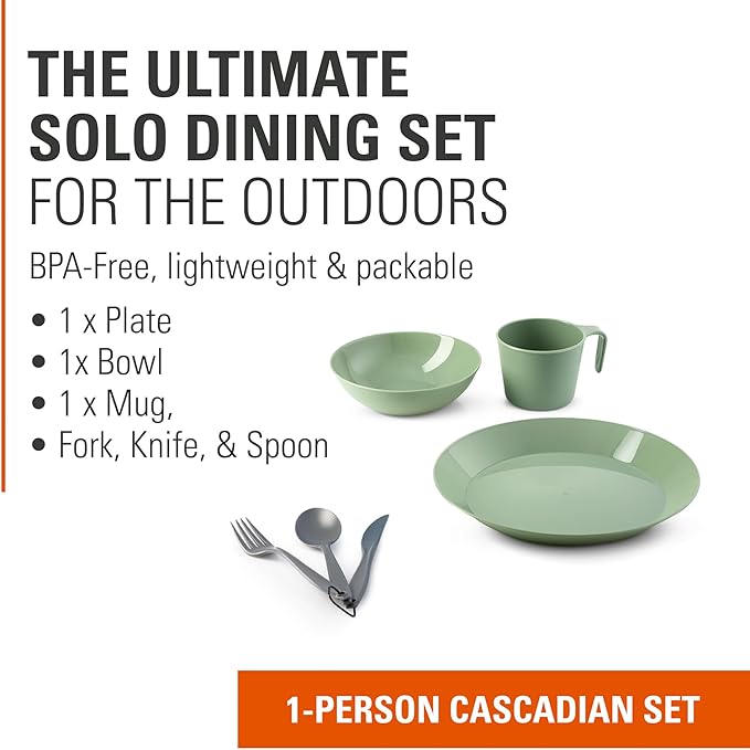 GSI Outdoors Cascadian Table Set I 6-Piece Camping, Backpacking Mess Kit, Plastic BPA Free, Plate, Bowl, Mug, Cup & Cutlery Set