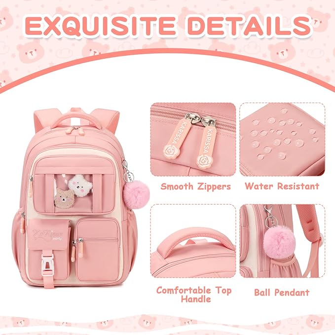 PIG PIG GIRL Kids Backpack for Girls School Bags for Middle School Students Book Bag for Elementary Primary Kawaii Ita Backpack, Pink and Beige