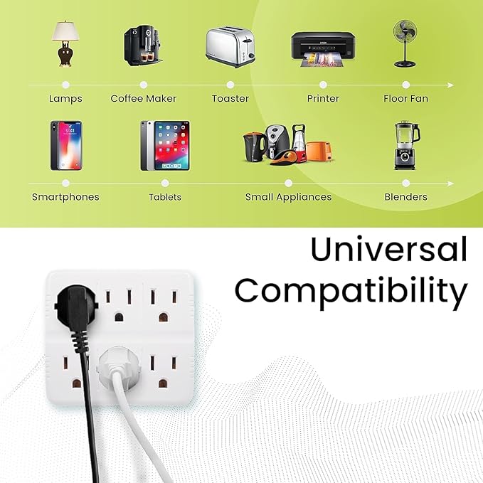 GoGreen Power Inc. (G-16000TW-2) 6-Outlet Tri-Tap Adapter, 6 Outlet Wall Tap Adapter, White, 2 Pack