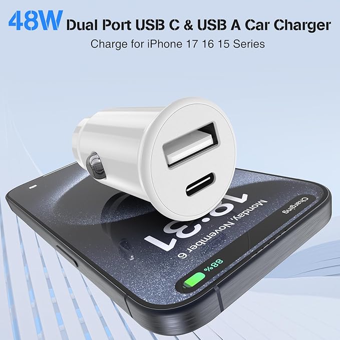 48W USB C Car Charger for iPhone 17 16 15 Pro Max, 48W Dual Port USB-C & USB-A Car Fast Charging Adapter, 2X3FT C to C Cable & A to C Carplay Cable for iPhone 17 16 15 Series/iPhone Air, iPad, Samsung