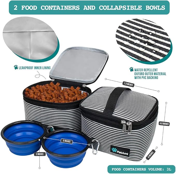 PetAmi Dog Travel Bag, Travel Pet Bag Organizer, Dog Food Travel Bag with Container Collapsible Bowls, Pet Travel Supplies Gift Accessories Weekend Camping, Puppy Cat Diaper Bag, Stripe Black Medium