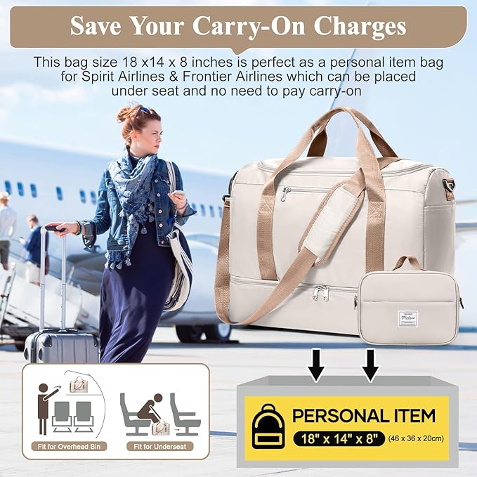 Travel Duffel Bag for Women, Carry-on Overnight Weekender Bags with Wet Pocket & Toiletry Bag, For Spirit Airlines 18x14x8 Personal Item Bag,Small,Beige & Brown