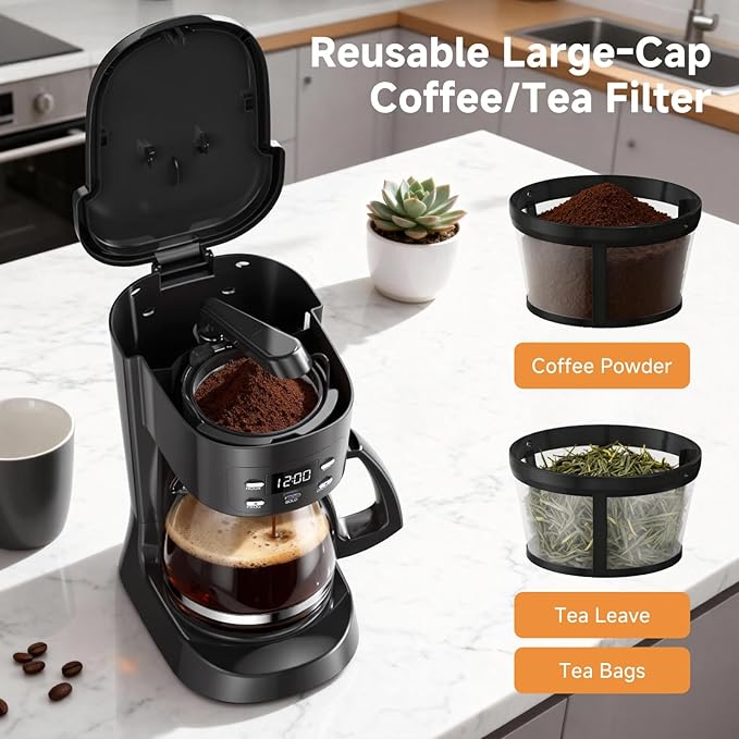 Coffee Maker, 5 Cup Drip Coffee Machine with Glass Carafe, 20 Hours Programmable Timer, 2 Hours Keep Warm, Compatible with Ground&Tea – Portable Small Cafetera for Home, Office, Travel&Camping-Black
