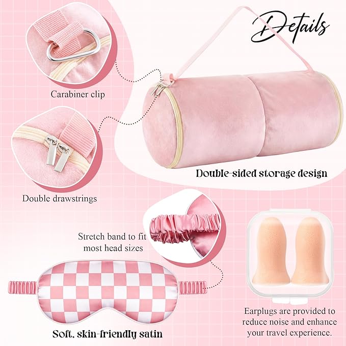 HunnmingRe 5 Pcs Travel Pillow and Blanket Set, 5 in 1 Travel Airplane Compact Includes 40 x 60 Inch Throw Blanket Eye Mask Neck Pillow Earplug and Bag Gifts for Travelers Women(Checkered,Pink)
