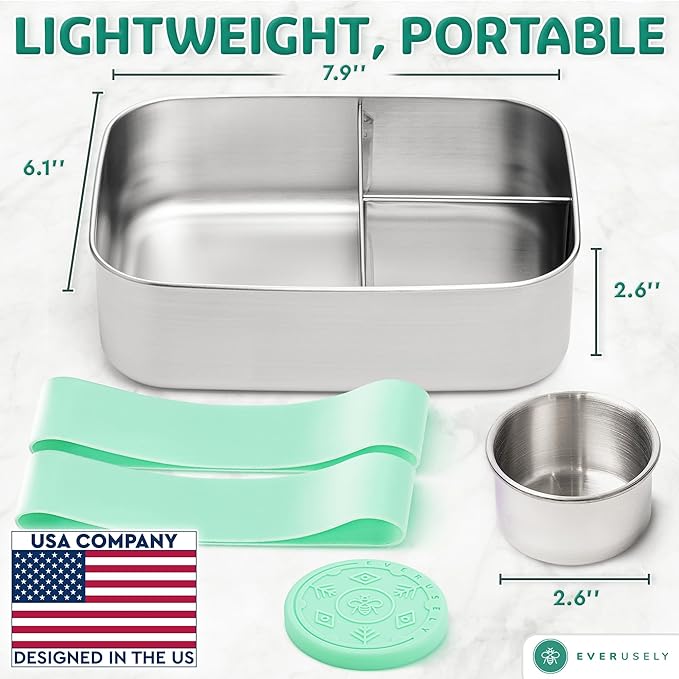 Everusely - Bento Box - Green, 47oz / 1.4 L - Large Stainless Steel Lunch Box with Leakproof Condiment Container - 3 Compartment Snack Organizer for On the Go Meals - Freezer & Dishwasher Safe