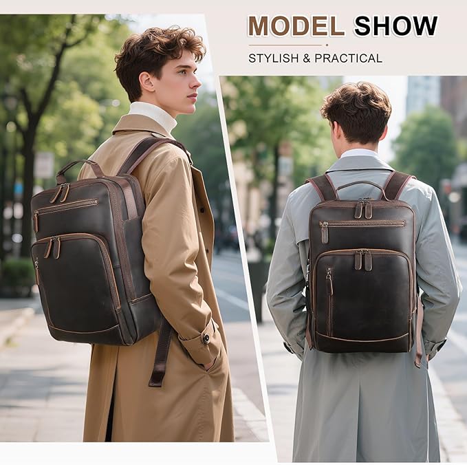 TIDING Full Grain Leather Laptop Backpack for Men, Vintage 15.6 Inch Computer Work Bag College Business Casual Daypack