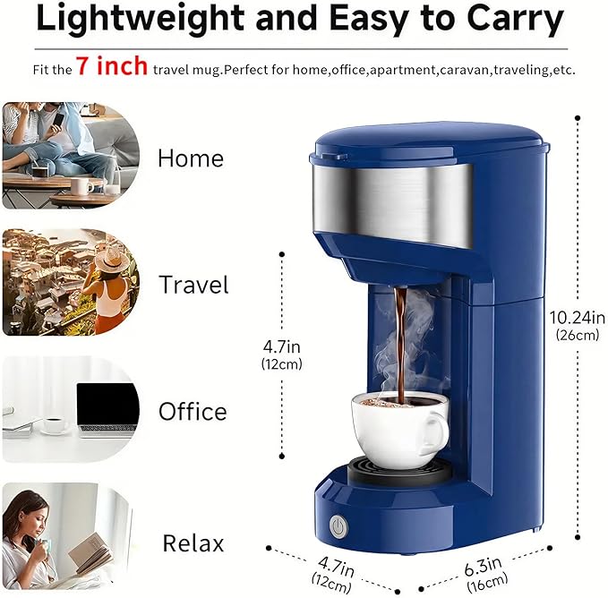 Single Serve Coffee Maker, 2 in 1 Brewer for K Pod & Ground Coffee, 90s Rapid Brew 6 to 14oz Capacities with Auto Shut Off, Small Compact Design for Home Office Travel Camping-Deep Blue