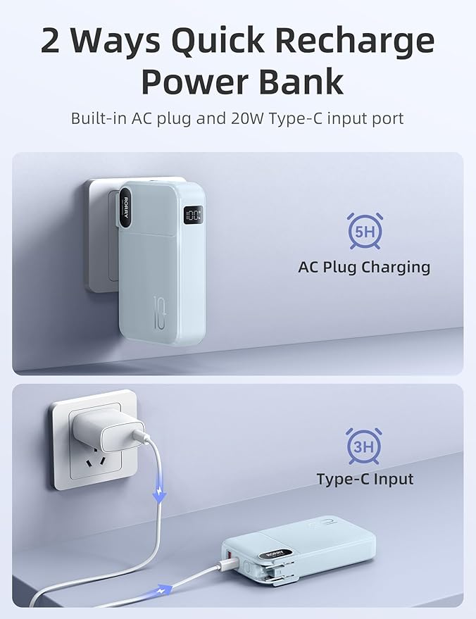 RORRY Portable Charger Built in Cables, AC Wall Plug in Portable Charger Power Bank 10000mAh Travel Battery Pack 22.5W Fast Charging for iPhone 17/16/15 Samsung Galaxy S25/S24/S23 Pixel LG iPad, Blue