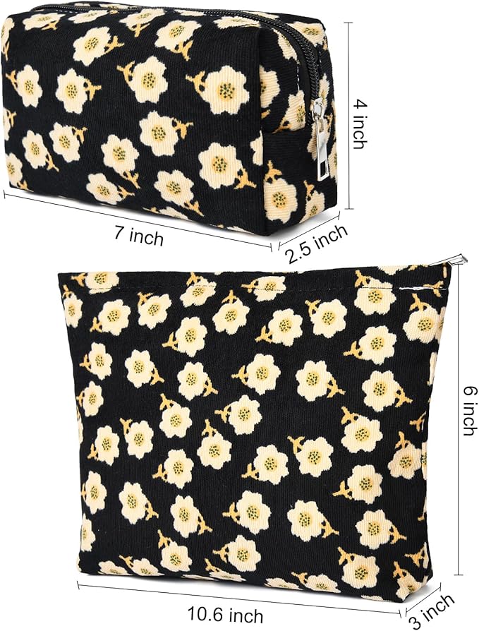 SOIDRAM 2 Pieces Flower Makeup Bag Large Cosmetic Bag Capacity Canvas Mix Travel Toiletry Bag Organizer Cute Makeup Brushes Aesthetic Accessories Storage Bag for Women, Flower Mix Black