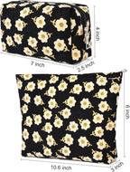 SOIDRAM 2 Pieces Flower Makeup Bag Large Cosmetic Bag Capacity Canvas Mix Travel Toiletry Bag Organizer Cute Makeup Brushes Aesthetic Accessories Storage Bag for Women, Flower Mix Black
