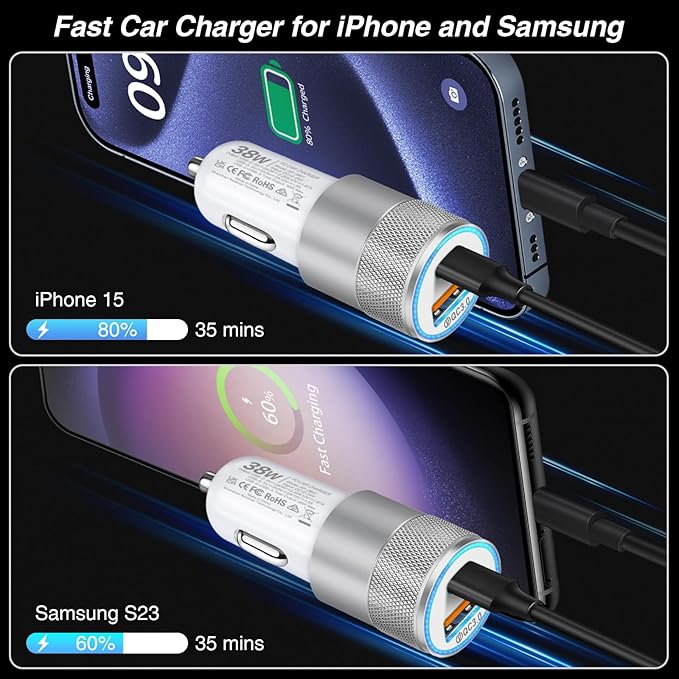 Car Charger, 2 Pack 38W Dual-Port USB-C & USB-A Cigarette Lighter Adapter USBC Car Charger Fast Charging for iPhone16e 16 15 14 13, Samsung S25 S24 S23, Pixel Cargador para Carro Phone Plug