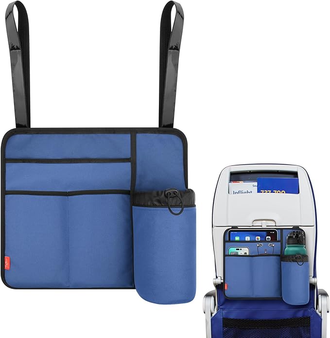 Airplane Seat Back Organizer & Storage, Airplane Tray Table Cover for Personal Items, Airline Seat Hanging Pockets Media Pouch,Reusable Travel Essentials,Fits Tablets,Cell Phone,Water Bottle (Blue)