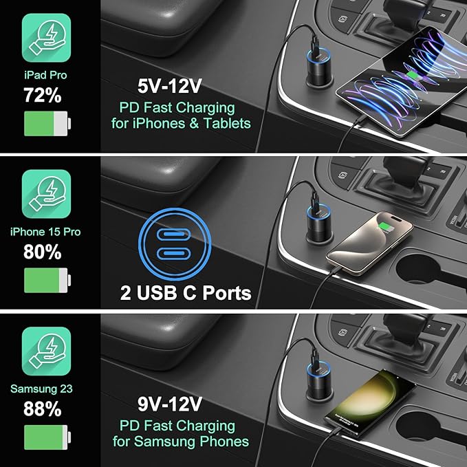 Car Charger USB C, Bangfun 40W Dual 12V USB C Port Car Charger Cigarette Lighter Adapter,Type C Car Phone Charger Plug Fast Charging for iPhone 15 14 13 12 11 Pro Max,Galaxy,Pixel (Black), BHCC03