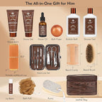 21 Pcs Sandalwood Bath & Body Care Gift Basket Set for Men, Father's Day Gifts for Dad, Men Skin Care Gift Set, Leather Bag, Home Spa Kit, Birthday,Anniversary, Christmas, Boyfriend