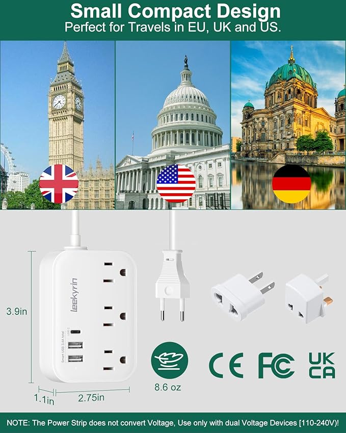 European Travel Plug Adapter, US to UK Europe Power Strip for EU/UK/US with 5ft Extension Cord, 3 USB Ports 3 AC Outlets, International Travel Power Strip, Type C for Europe EU Germany France