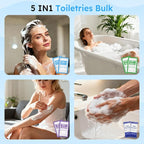 100 Pcs 5-IN-1 Hotel Soaps and Toiletries Bulk Set,5-Piece Set 0.35 oz each Packets Shampoo,Conditioner, Body Wash and Lotion,0.53 oz Soap Mini Travel Size Toiletries Supplies kit for Guests,Homeless