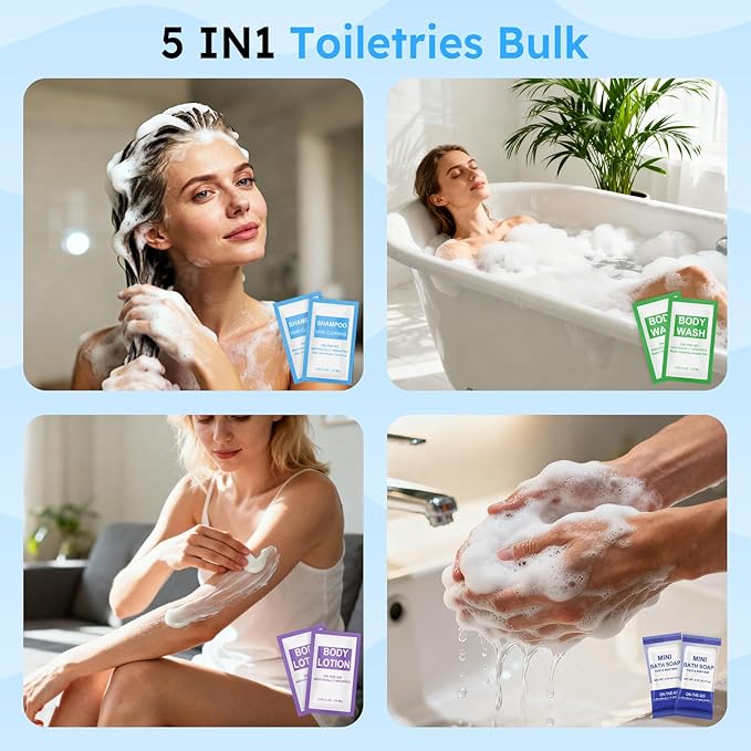 200 Pcs 5-IN-1 Hotel Soaps and Toiletries Bulk Set,5-Piece Set 0.35 oz each Packets Shampoo,Conditioner, Body Wash and Lotion,0.53 oz Soap Mini Travel Size Toiletries Supplies kit for Guests,Homeless