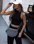 Black and White Checkered Crossbody Bag Bum Bag for Women,Spacious Checkered Purse Fanny Packs Belt Bag