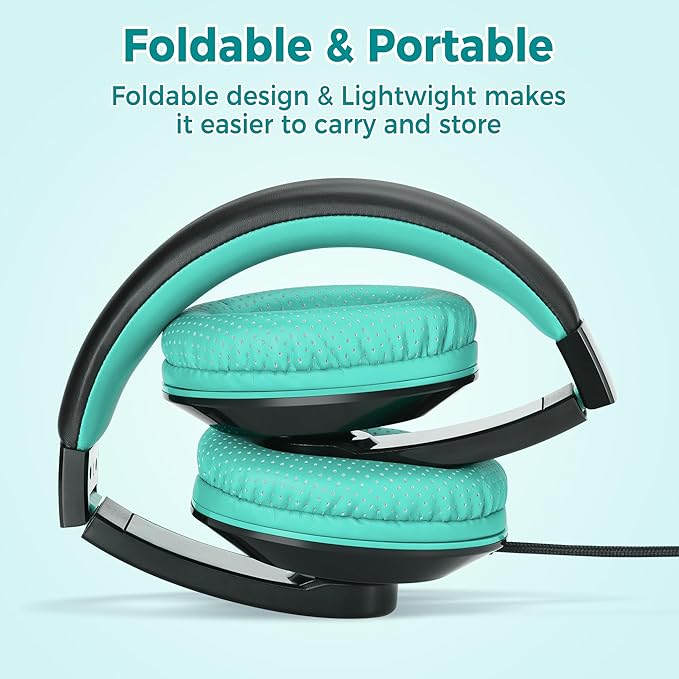 rockpapa Comfort+ Kids Headphones with Microphone, Boys Girls Student Over-Ear Headphones Wired Foldable for School Classroom Laptop PC Computer Tablet Black Teal