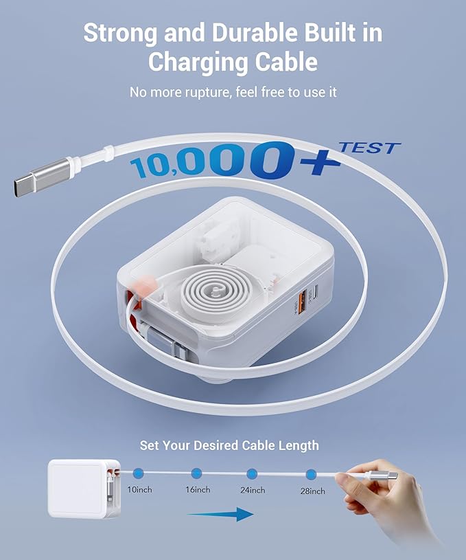 Retractable USB C Charger Wall Plug with Type C Cables Cords,65W Fast Charging Foldable Block Multi Charger,Travel Essentials Brick Multiport for Mac Book Pro/Air,iPhone 17/16/15/14,iPad,Galaxy(1Pack)