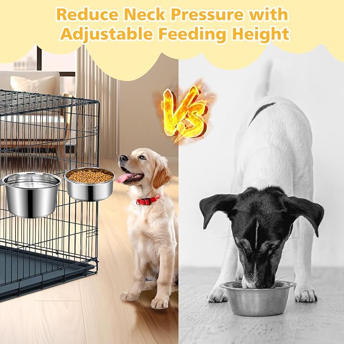Large Dog Crate Water Bowl No Spill, 2 Pack Stainless Steel Dog Bowls for Food and Water, Pet Kennel Hanging Dogs Food Bowls for Medium/Large Dogs and Cats (7.1"x3.7" & 6.3"*2.6", Silver)
