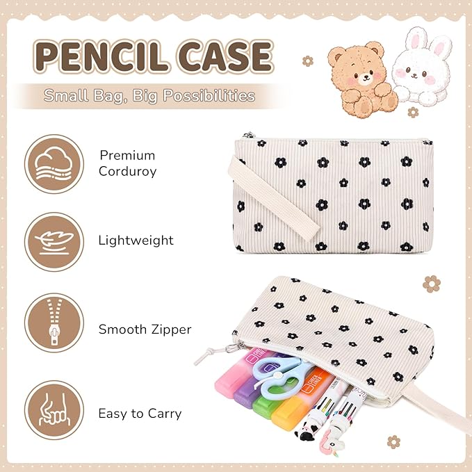 PIG PIG GIRL Corduroy Backpack 3PCS Kids Backpack for Girls School Bags for Middle School Students Book Bag for Elementary Primary Kawaii Ita Backpack with Lunch Box Pencil Case Set, Flower