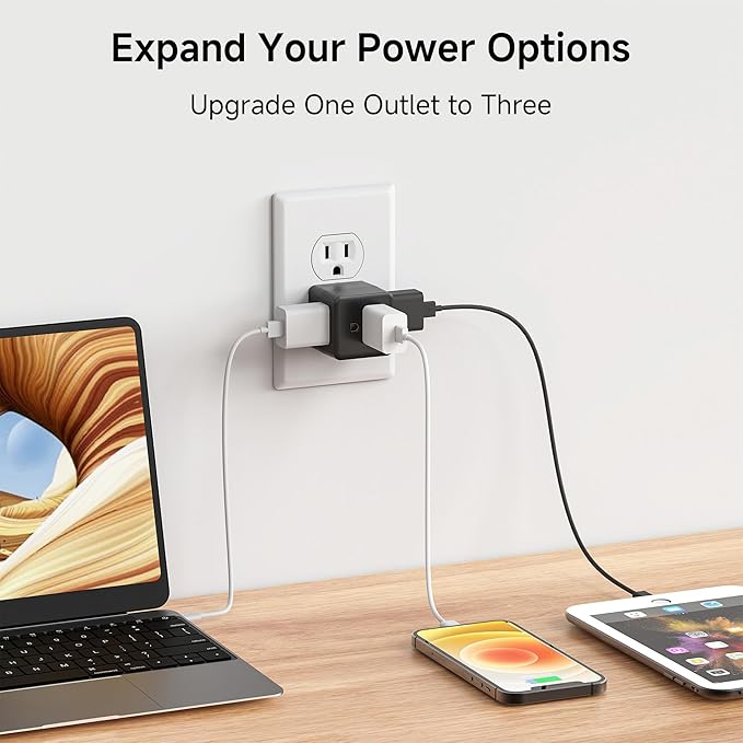 [ETL Listed] Cable Matters 3-Pack 3 Outlet Wall Adapter (Grounded Cube Tap, Outlet Splitter, 3 Way Plug Adapter, 3-Prong Power Splitter), Black