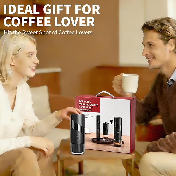 Portable Coffee Maker Set - Travel Coffee Maker, Electric Espresso Machine for Camping, Travel, Car, RV, Hiking, with Ground Coffee & Capsule Accessories, Milk Frother, Grinder, Gift for Coffee Lover