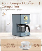 Amaste Coffee Maker, 5 Cup Coffee Pot with Three Brewing Modes, Retro Coffee Maker with Glass Carafe & Reusable Coffee Filter, Drip Coffee Maker Ideal for Home or Office, Warming Plate, Ash Blue