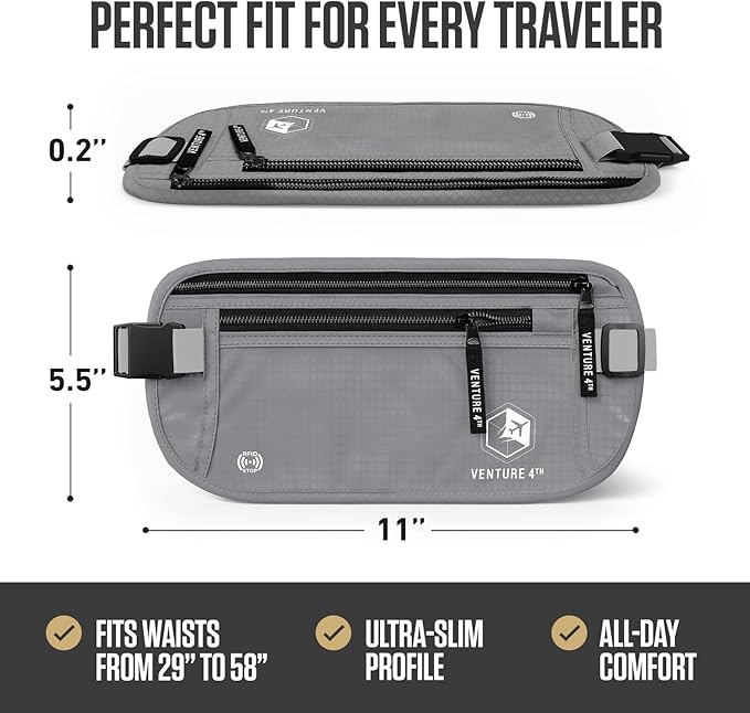 VENTURE 4TH RFID Money Belt for Travel with RFID Blocking Sleeves – Slim Hidden Travel Wallet & Passport Holder for Men & Women, Lightweight Anti-Theft Pouch to Protect Cash Cards & Documents - Silver