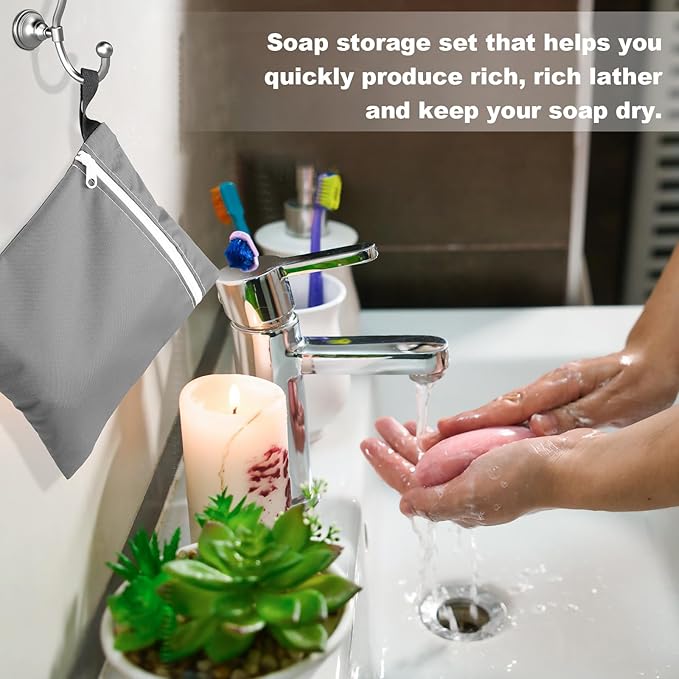 Reallnaive 4 Sets Travel Soap Bar Bag Quick Dry Waterproof & Leakproof Soap Dish Case with Foaming Nets Multifunctional Toiletry Shower Gym Essentials Pouch for Camping Enthusiasts(Gray)