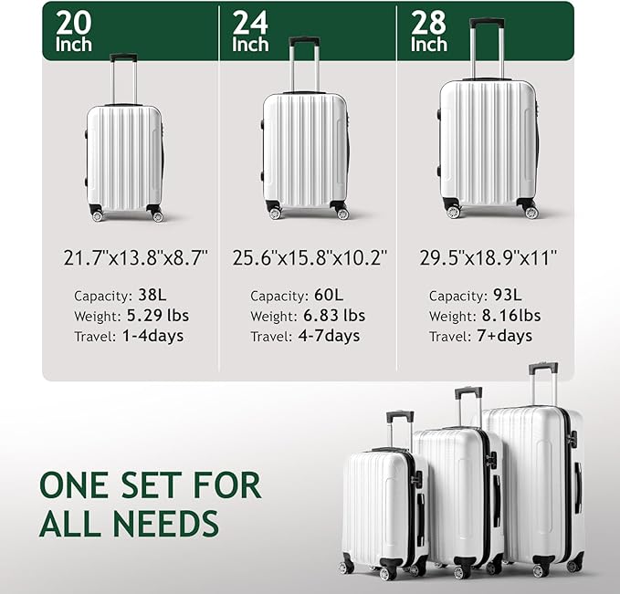 3 Piece Luggage Sets, Lightweight ABS Suitcase with 4 Spinner Wheels ＆ TSA Locks, Hardside Carry On Luggage Durable Suitcase Set for Family Travel Business - White, 20/24/28