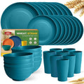 Teivio 32-Piece Kitchen Plastic Wheat Straw Dinnerware Set, Service for 8, Dinner Plates, Dessert Plate, Cereal Bowls, Cups, Unbreakable Colorful Plastic Outdoor Camping Dishes, Dark Blue