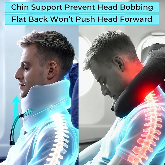 Travel Neck Pillow for Airplane: Neck Brace-Like Support 360° Chin Lock for Men in Middle Seat Sleep - Zero Head Slumping into Strangers - 8-Hour Upright Sleeping Without Neck Pain