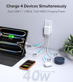 2Pack Flat USB C Wall Charger,40W 4Ports Foldable & Slim Fast Charging Block,Type C Cube Box Multiport Power Adapter Plug Brick Compatible with iPhone 17/16/15/14,Samsung,Pixel, AirPods4,Watch10