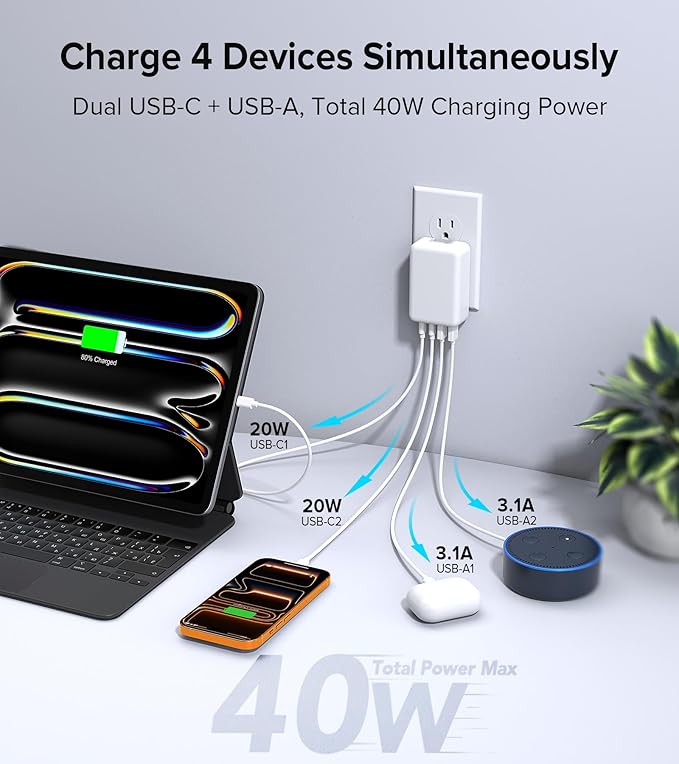 40W USB C Flat Charger Block, 2-Pack Fast Charge Cube Powered Multi-Port Wall Plug Power Adapter Type C Brick for iPhone 17/16/16 Pro 15/15 Pro Max/14/14 Pro Max/13/13 Pro Max, Motorola, Huawei