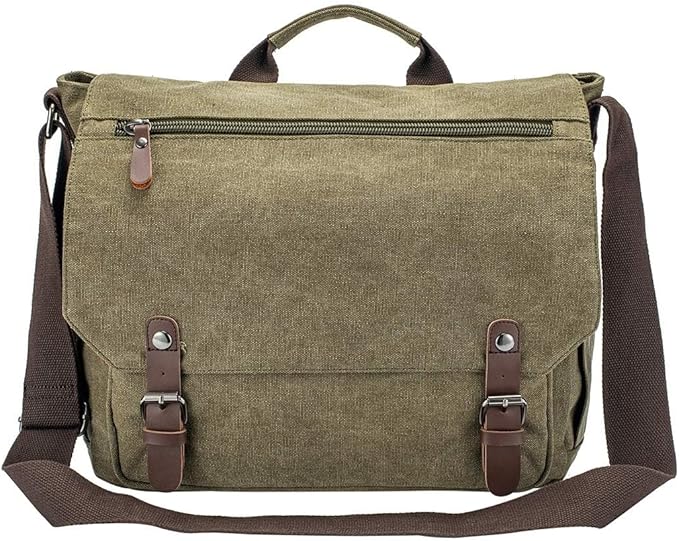 Vintage Genuine Leather Waxed Canvas Briefcase Large Satchel Shoulder Bag Rugged Computer 15.6" Laptop Bag