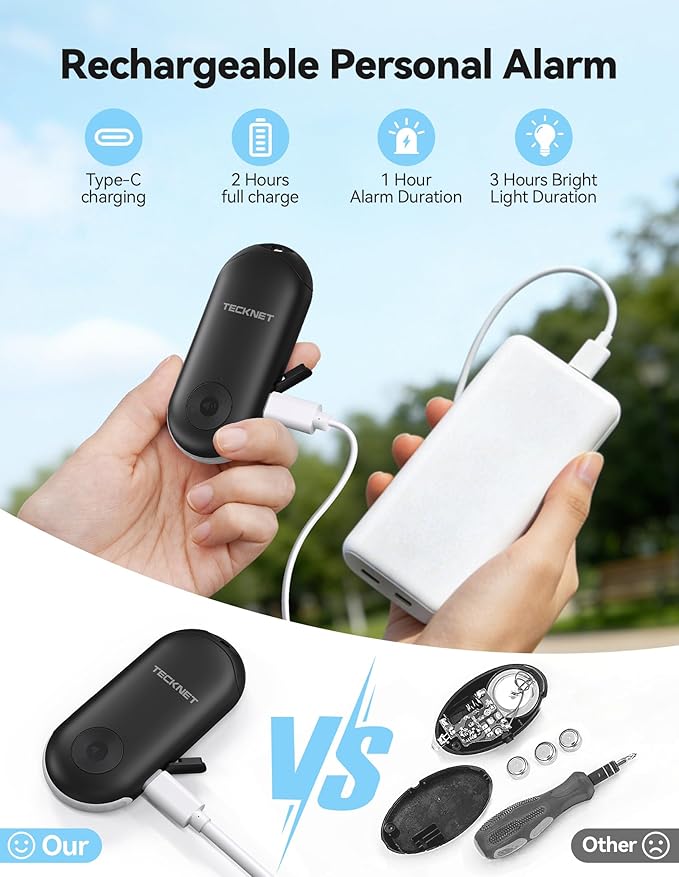 TECKNET Personal Safety Alarm, Rechargeable Personal Alarms for Women, 130dB Self Defense Keychain Alarm with Extra Loud Siren & Strobe Light , Gift for Women, College Girls, Teenagers, Seniors(Black)