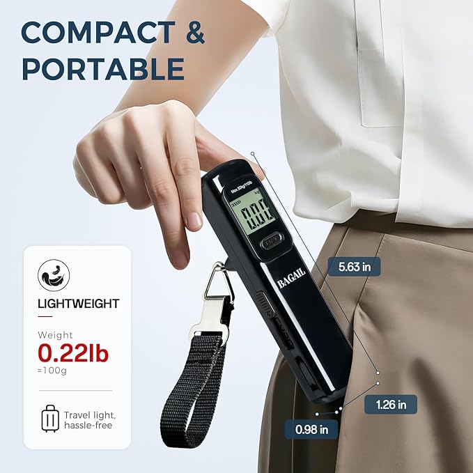 BAGAIL Digital Luggage Scale, 110lbs Hanging Baggage Scale with Backlit LCD Display, Portable Suitcase Weighing Scale, Travel Luggage Weight Scale with Hook, Strong Straps for Travelers