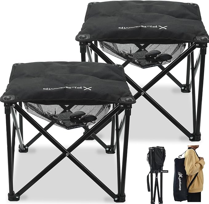 Padded Camping Stool, 18 Inch Oversized Folding Camping Foot Rest, 500lb Outdoor Camp Chair Footstool, Portable Camping Ottoman w/Storage Net, Carry Bag, for Camping Gardening (2, Black)