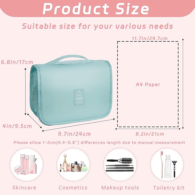 Toiletry Bag Travel Bag with Hanging Hook, Waterproof Capacity Hanging Multifunctional Makeup Bag for Toiletries, Portable Cosmetic Bag Travel Organizer for Women and Men(Light Blue)