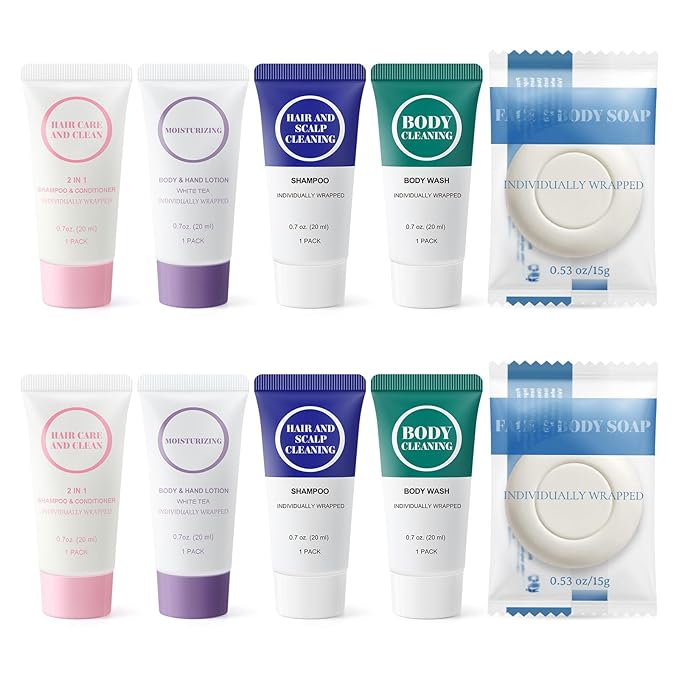 Individually Wrapped Toiletries Set Bulk, Travel Size 0.7 Fl oz Mini Body Wash Body Lotion Shampoo 2-in-1 Hair Wash & Conditioner 0.53 oz Bars Soap Toiletry Amenities for Hotel/Homeless (Pack of 10)