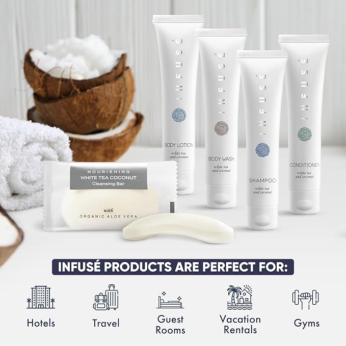 Infuse Pure White Tea and Coconut Hotel Soaps and Toiletries Bulk Set | 1-Shoppe All-In-Kit for Airbnb | 1oz Shampoo & Conditioner, Body Wash, Lotion & 1.25oz Bar Soap | Travel Size 150 Pieces