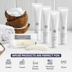 Infuse Pure White Tea and Coconut Hotel Soaps and Toiletries Bulk Set | 1-Shoppe All-In-Kit for Airbnb | 1oz Shampoo & Conditioner, Body Wash, Lotion & 1.25oz Bar Soap | Travel Size 150 Pieces